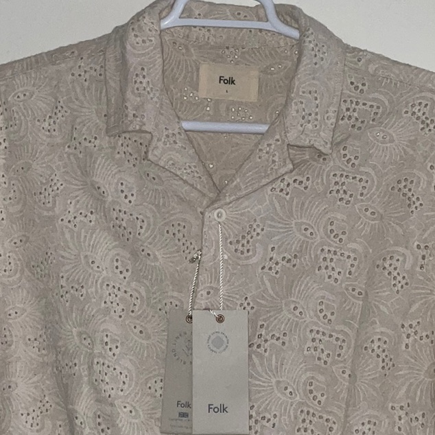 Folk Clothing Embroidered Eyelet Linen Blend Camp Shirt Natural Beige M Nwt